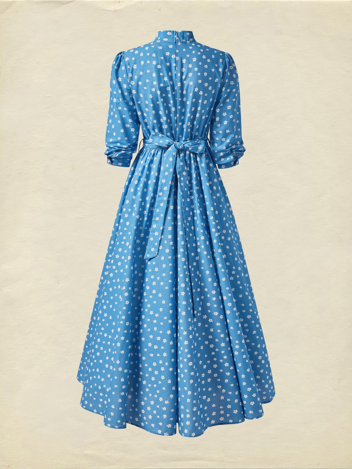 Maxi Linen Dress, 3/4 Sleeves, Stand Collar, Floral, Linen Blend, Blue