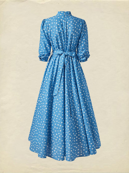 Maxi Linen Dress, 3/4 Sleeves, Stand Collar, Floral, Linen Blend, Blue