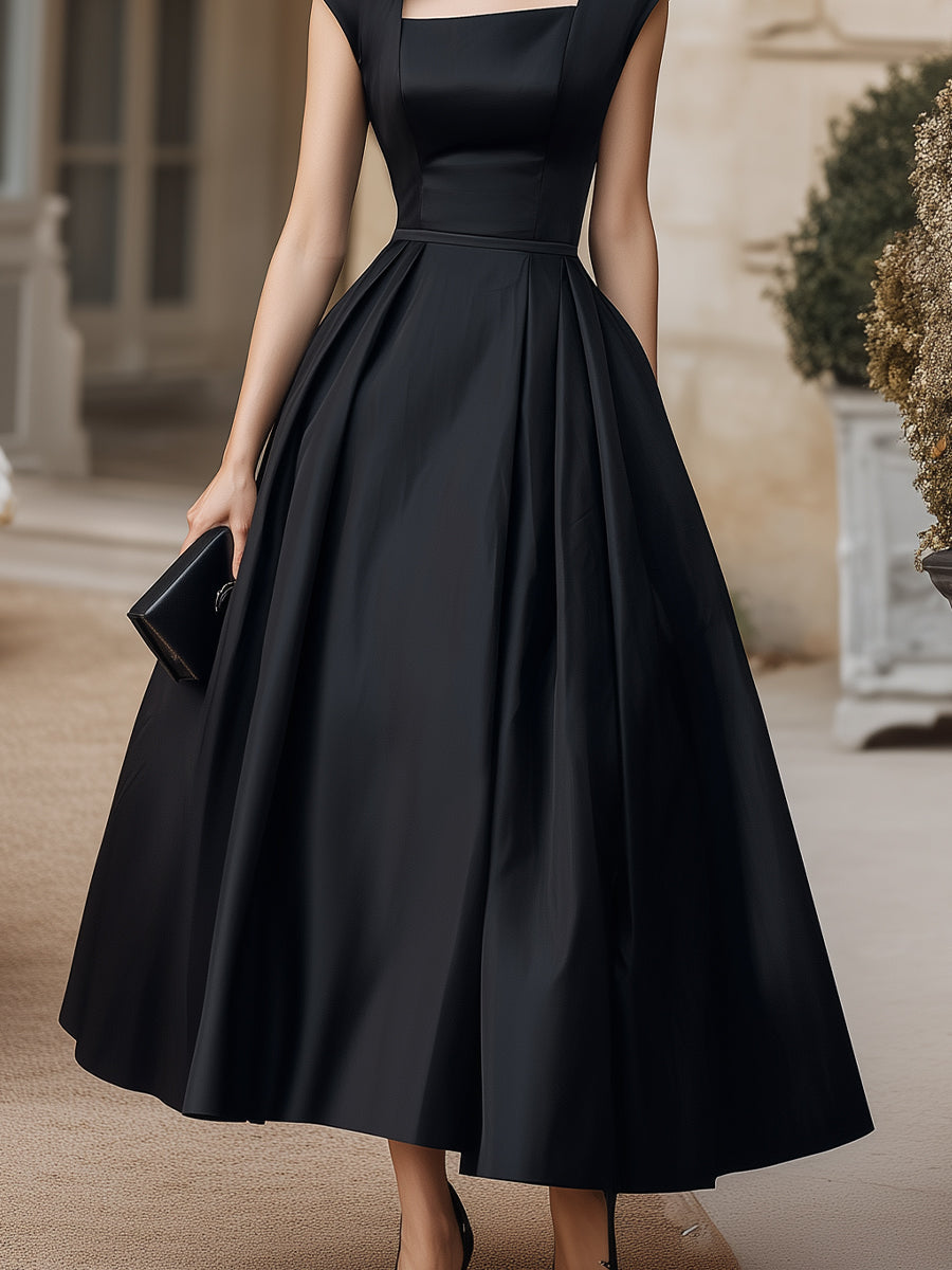 Square Neck Structured Midi Dress With Floral Shoulder Accent