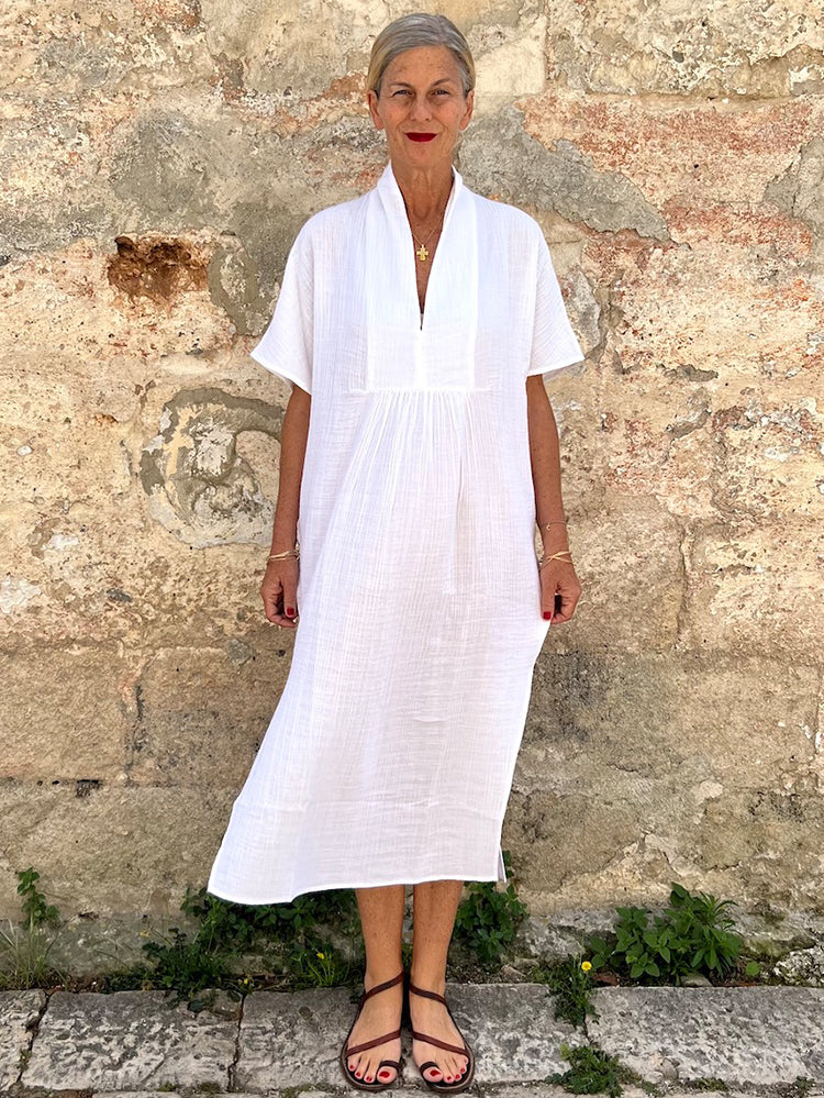 Soft White V-neck Midi Beach Tunic Dress