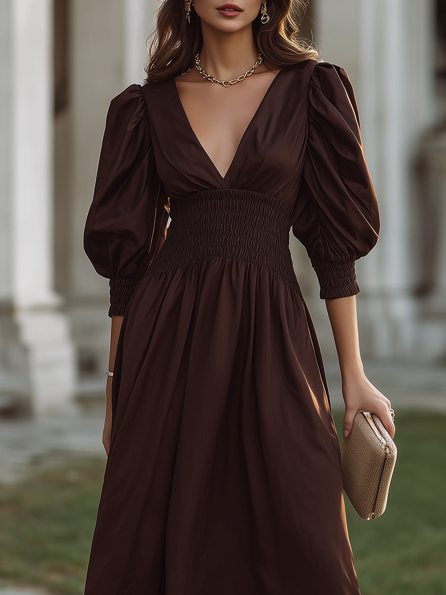 Smocked Waist V-Neck Midi Dress