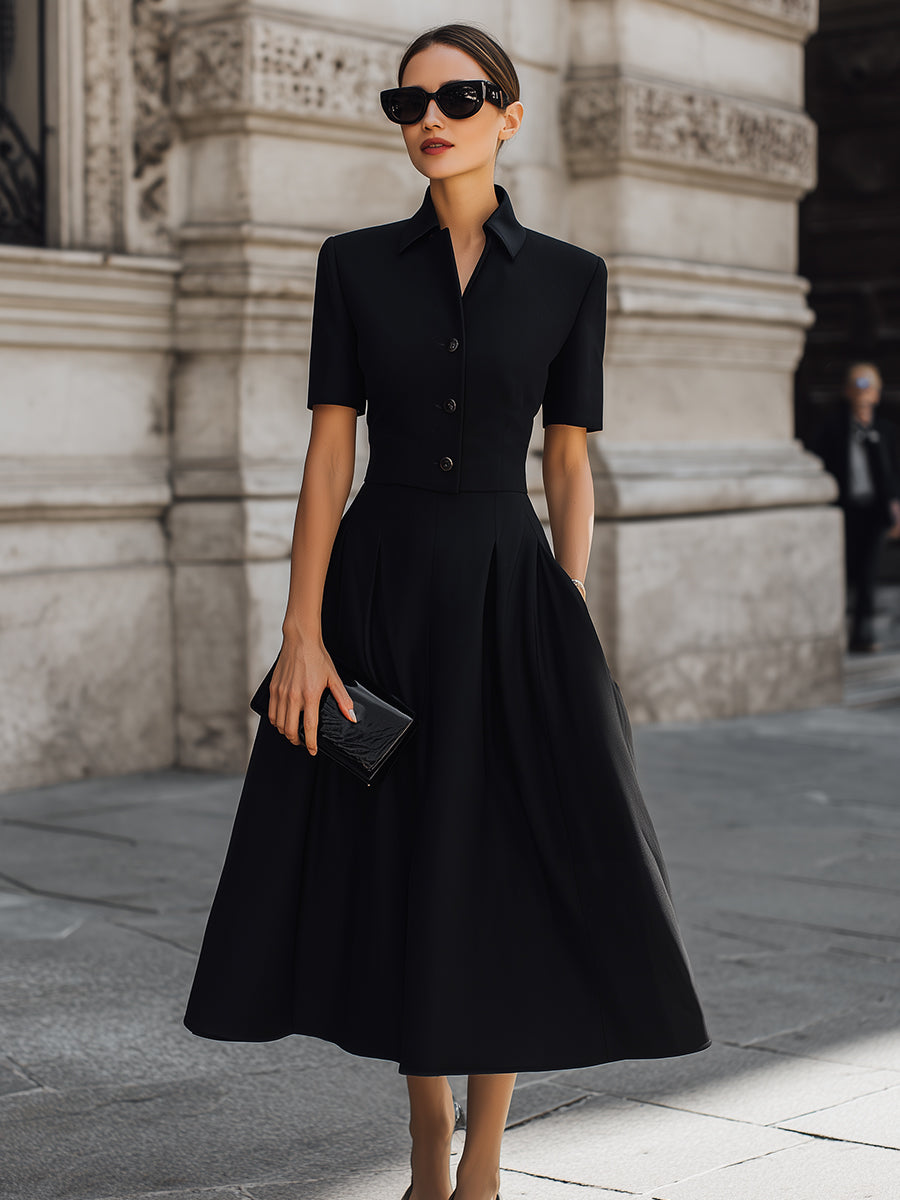 Short Sleeve Collared Button-Front A-Line Midi Dress