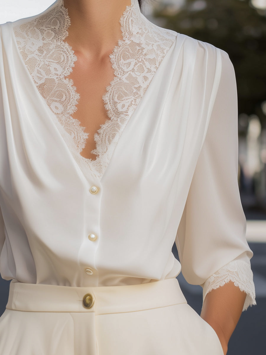 Lace-Trimmed V-Neck Chiffon Button-Up Blouse
