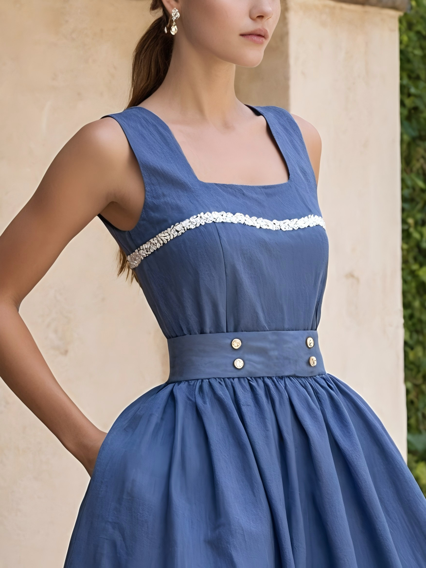 Midi Linen Dress , Sleeveless, Square Neck, Plain, Button Design, Vintage, Blue