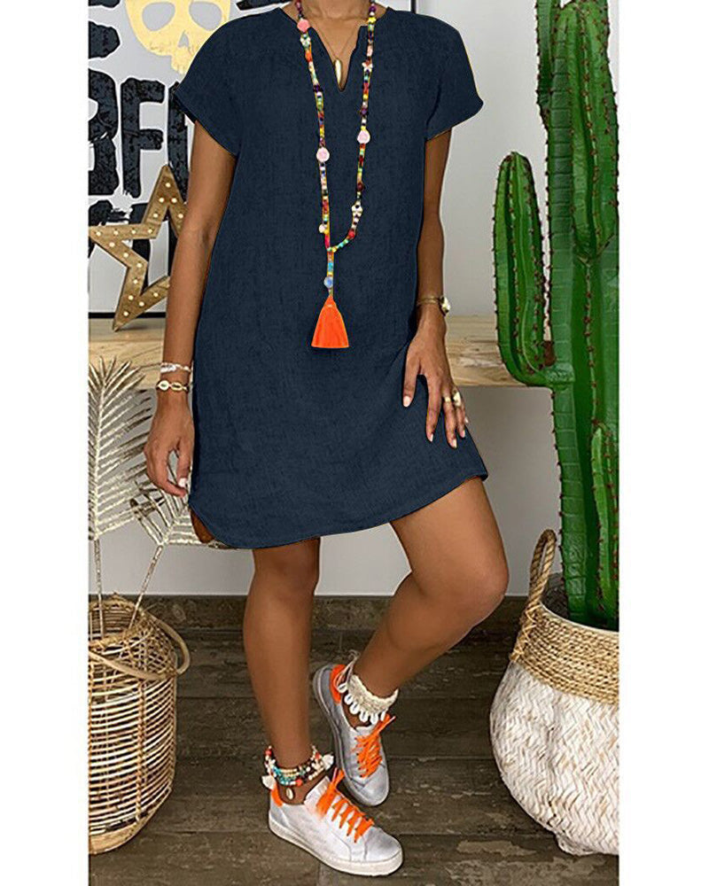 Plus Size Short Sleeve V-neck Cotton Linen Dress