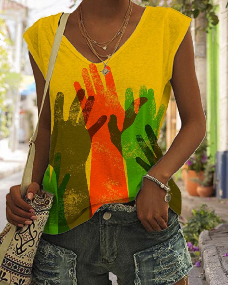 Contrasting palm print V-neck sleeveless tank top