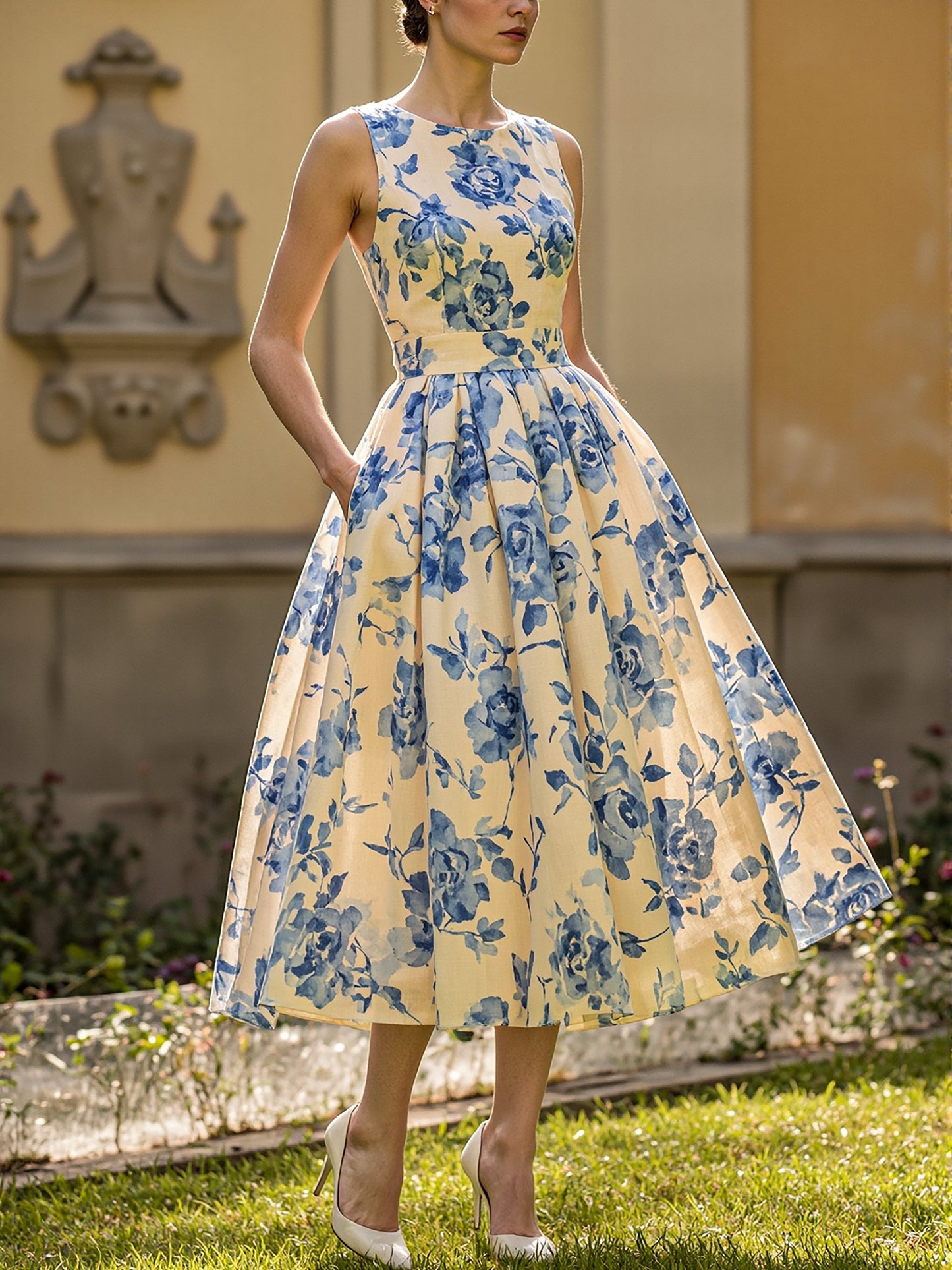 Midi Linen Dress, Sleeveless, Round Neck, Floral, Vacation, Vintage, Blue