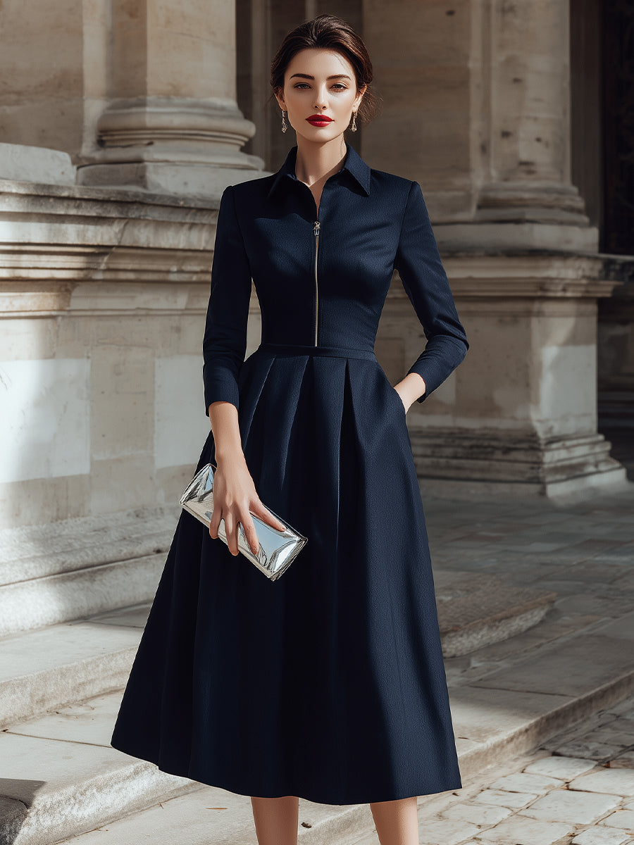 Collared Zip-Front Midi Dress With Tailored Pleats