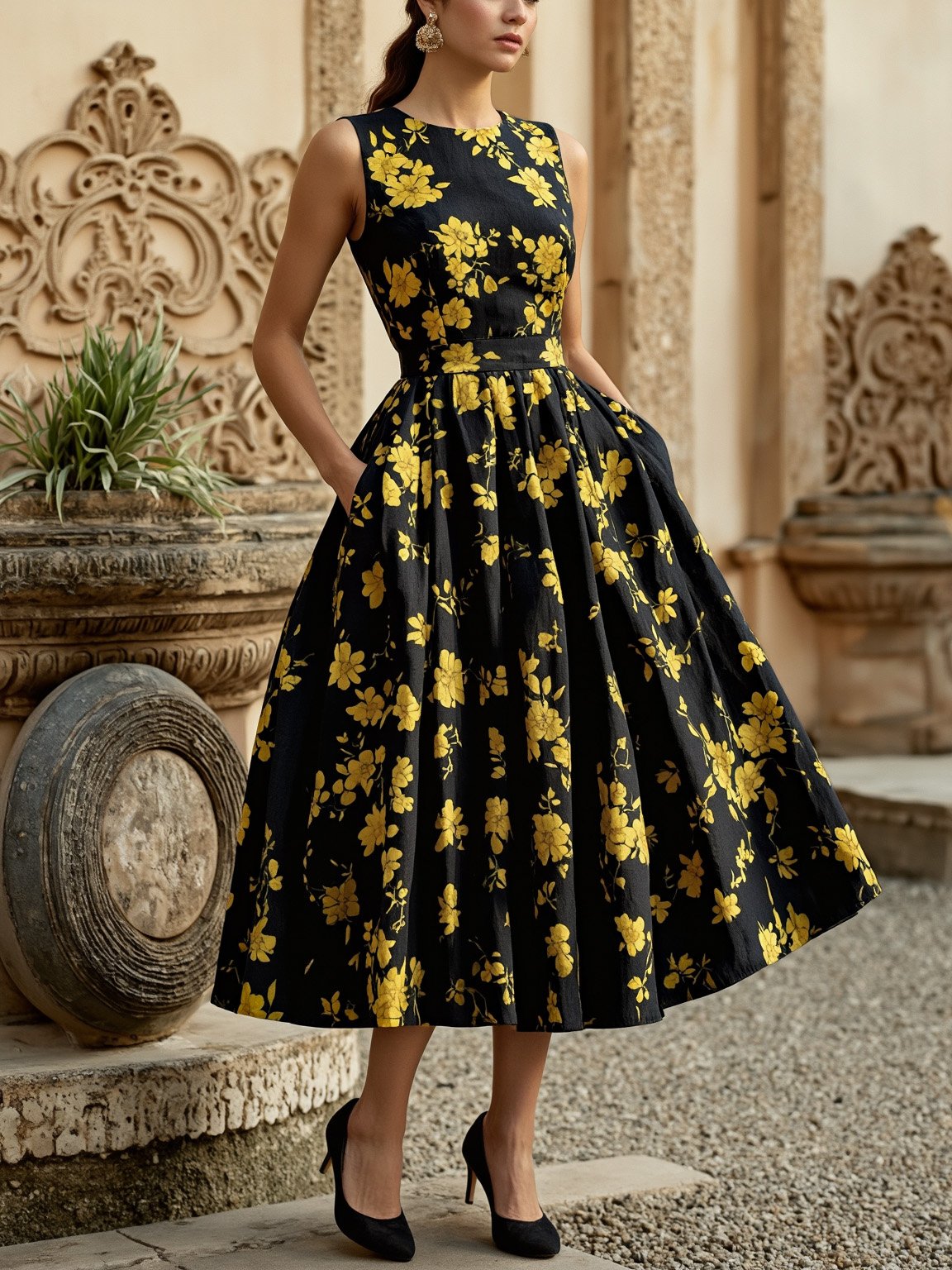 Midi Linen Dress , Sleeveless, Round Neck, Floral, Pocket Design, Vintage, Black