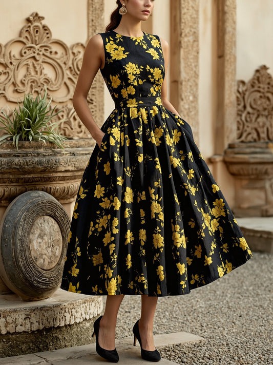 Midi Linen Dress , Sleeveless, Round Neck, Floral, Pocket Design, Vintage, Black