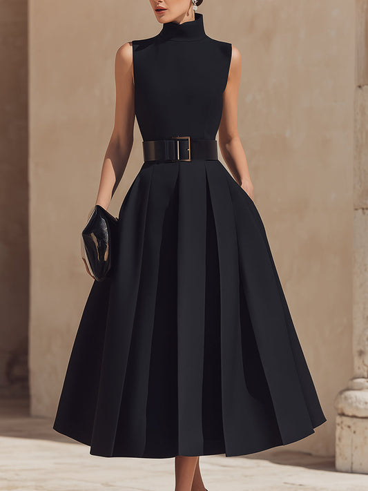 Belted High-Neck Pleated Midi Dress