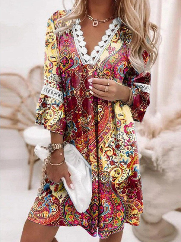 V-neck Printed Lace Stitching Bohemian Casual Boho Tunic Dress