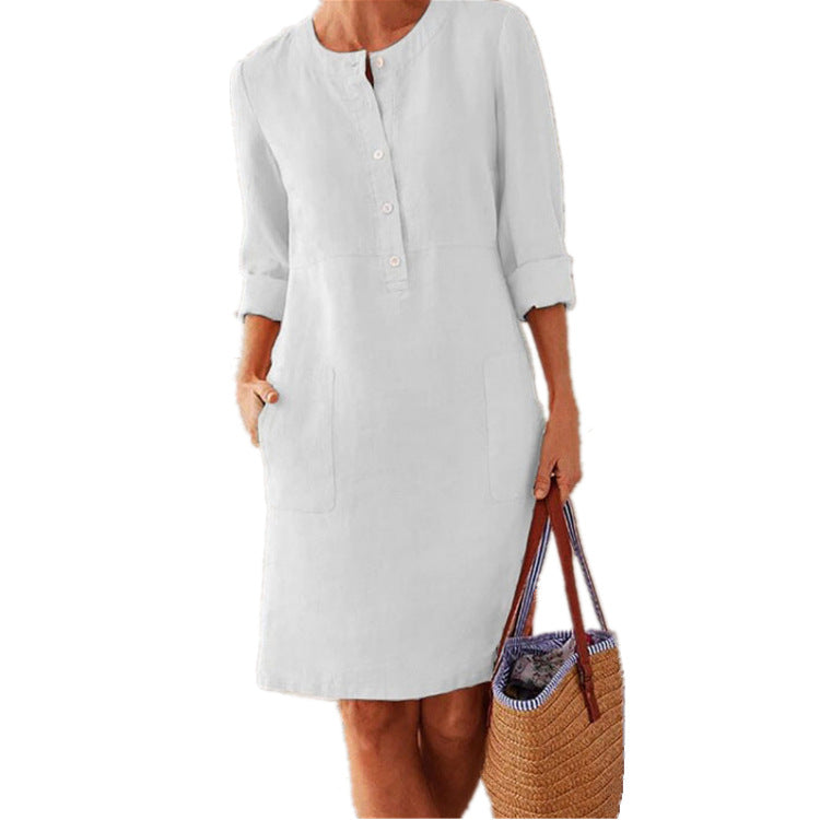 Plus Size Spring NEW round Neck Solid Color Long Sleeve Dress