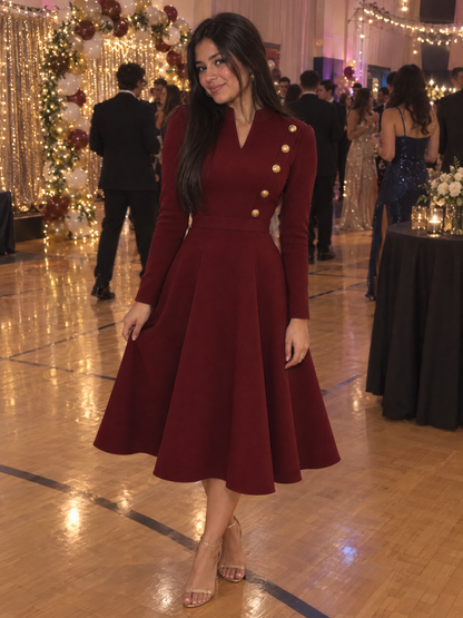 Stand Collar V-Notch Gold Button Decor Fit And Flare Midi Dress