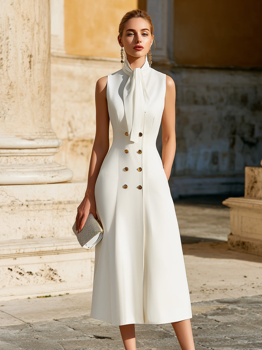 Sleeveless Tie-Neck Double-Breasted Midi Dress