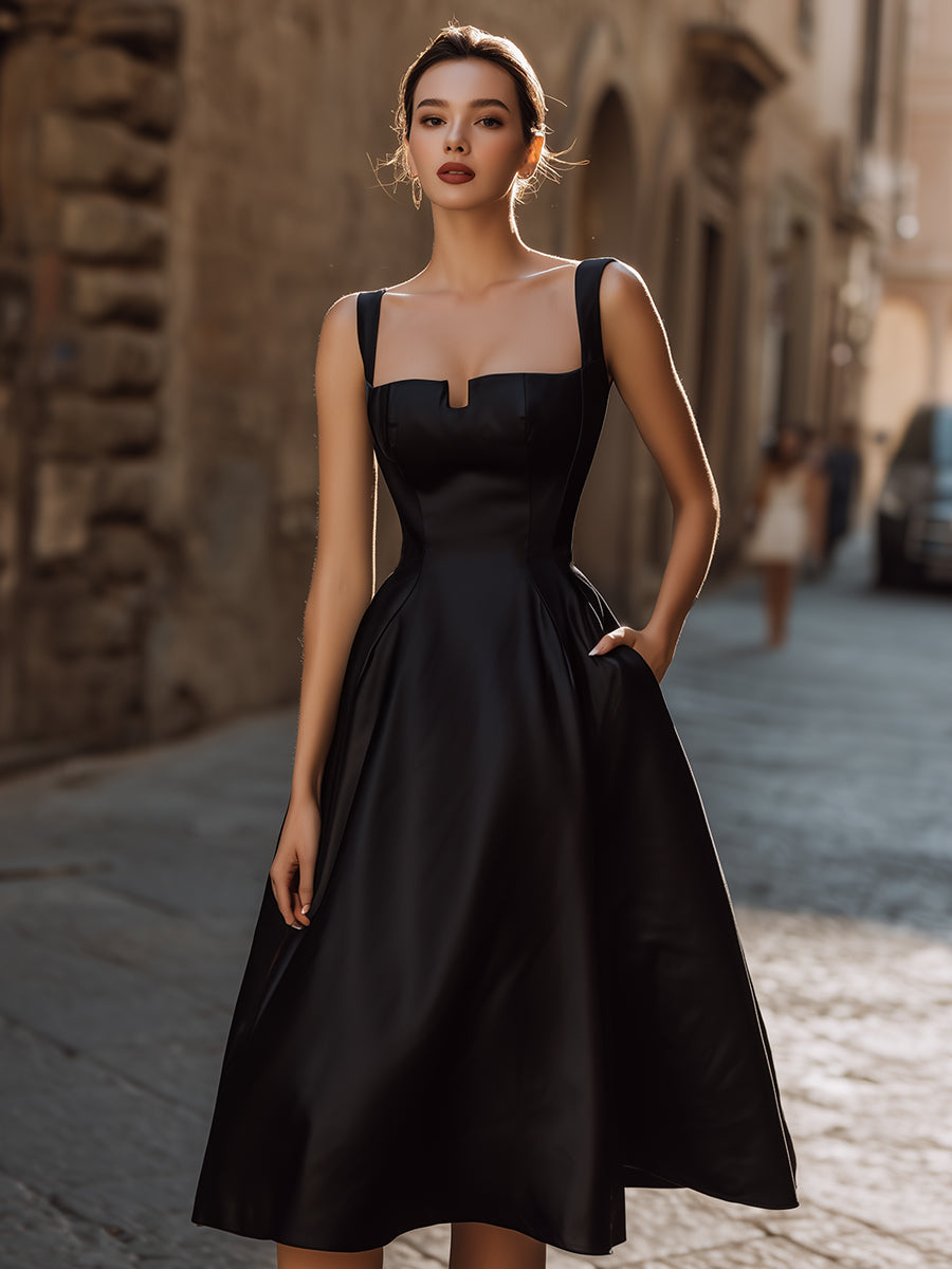 Elegant Sweetheart Neckline Black Midi Dress With Wide Straps