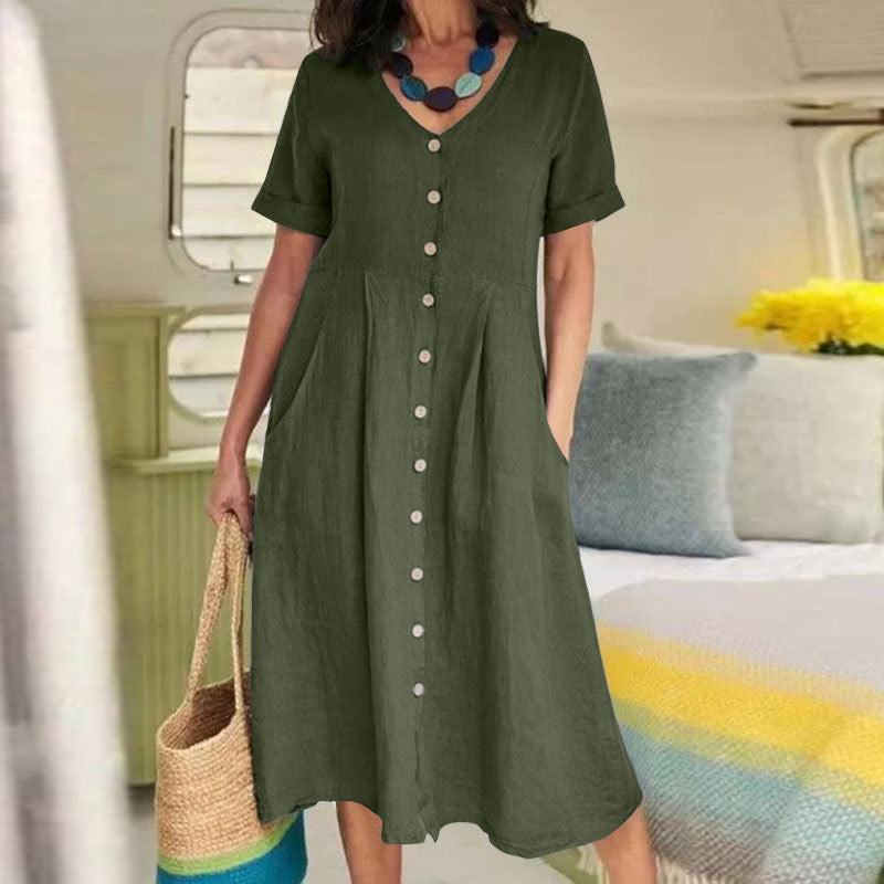 Plus Size Solid Color Loose High Waist Cotton and Linen Dress