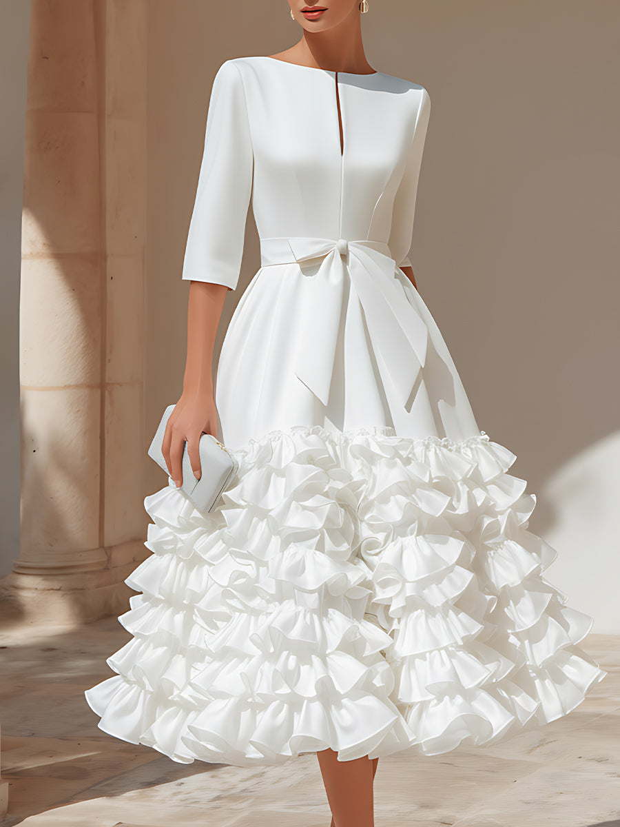 Belted Ruffled-Hem Midi Dress