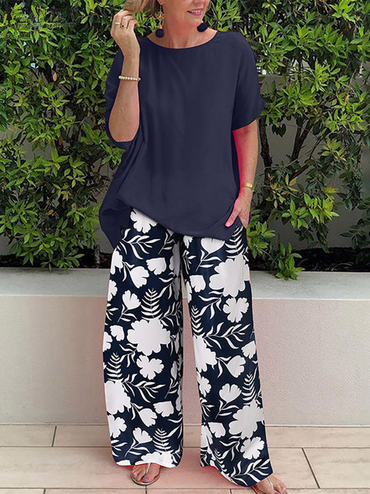 2pcs Women Bohemian Tracksuit Outifits Fashion Summer Casual Beach Matching Sets Loose Floral Printed Wide Leg Pants Sets