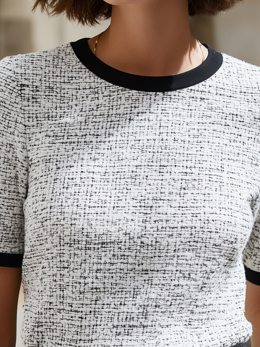 Ivory Boucl¨¦ Knit Short Sleeve Top With Contrast Trim