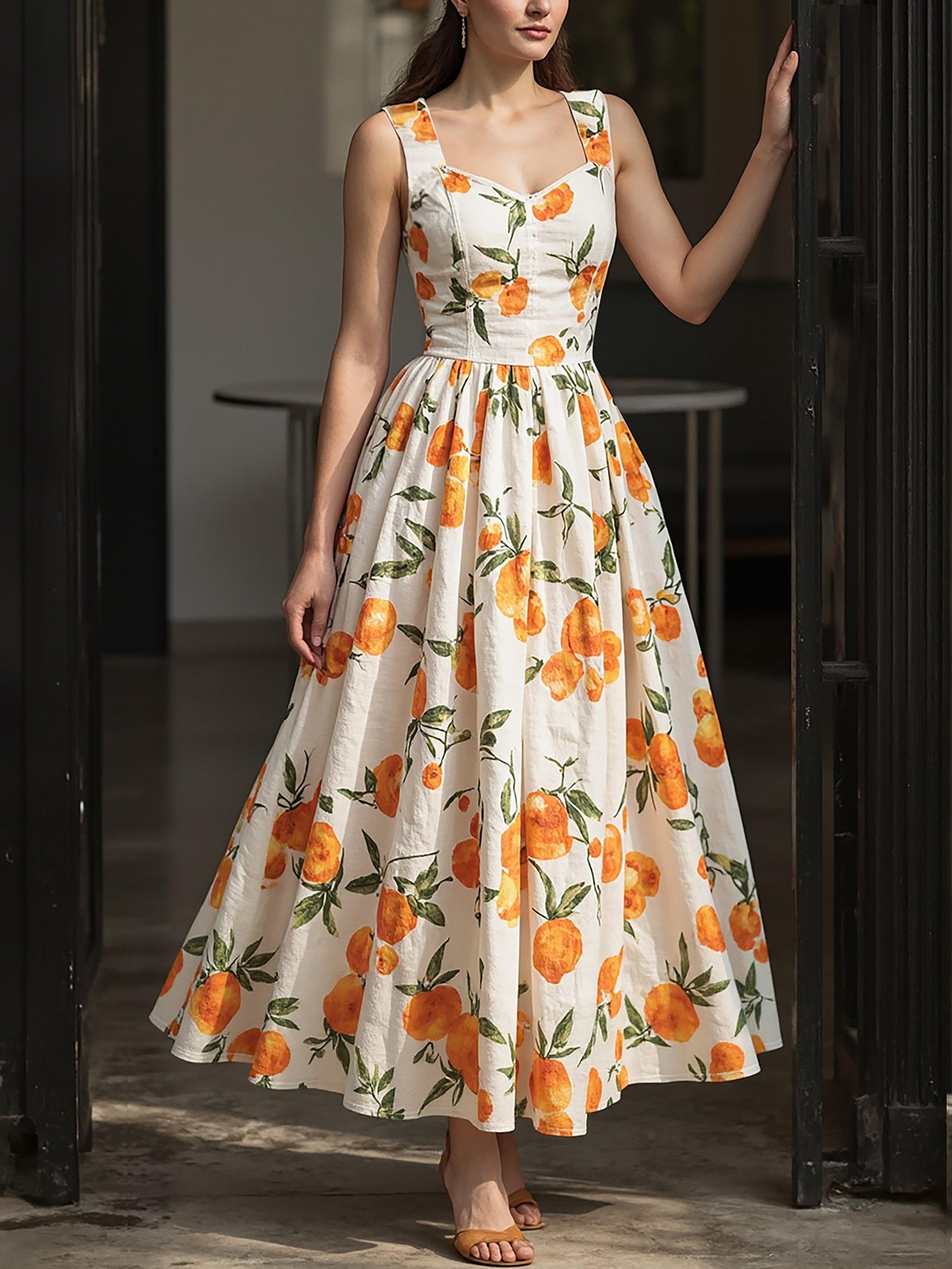 Maxi Linen Dress, Sleeveless, Sweetheart Neckline, Fruit Print, Vacation, French Vintage, Orange