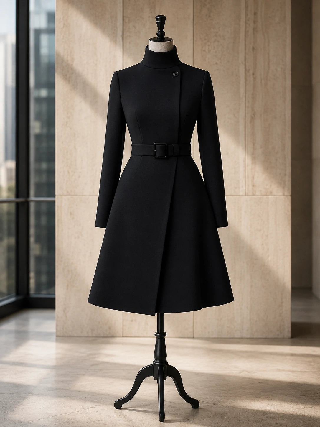 High-Neck Belted A-Line Midi Dress – Office to Dinner Workwear
