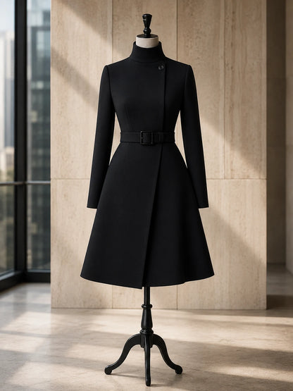 High-Neck Belted A-Line Midi Dress – Office to Dinner Workwear