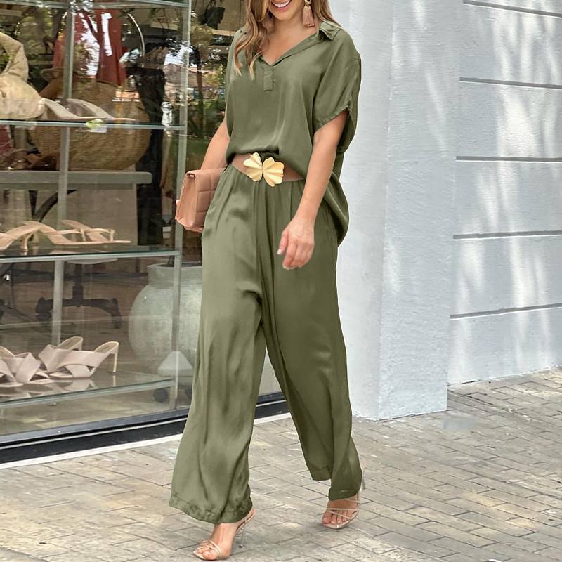 Plus Size Summer Fashion Casual Solid Color and V-neck Wide Leg Pants Two-Piece Suit