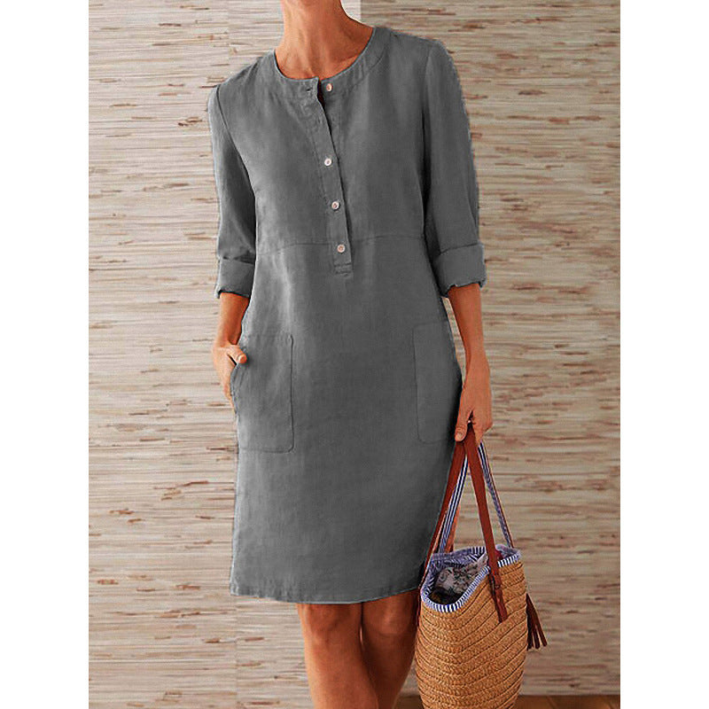 Plus Size Spring NEW round Neck Solid Color Long Sleeve Dress