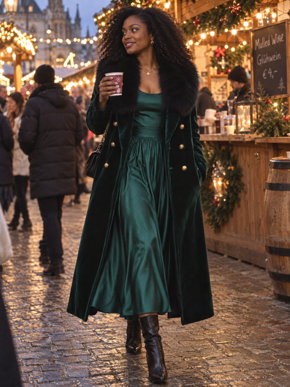 Dark Green Velvet Faux Fur Collar Long Coat & Satin Slip Midi Dress Two-Piece Set