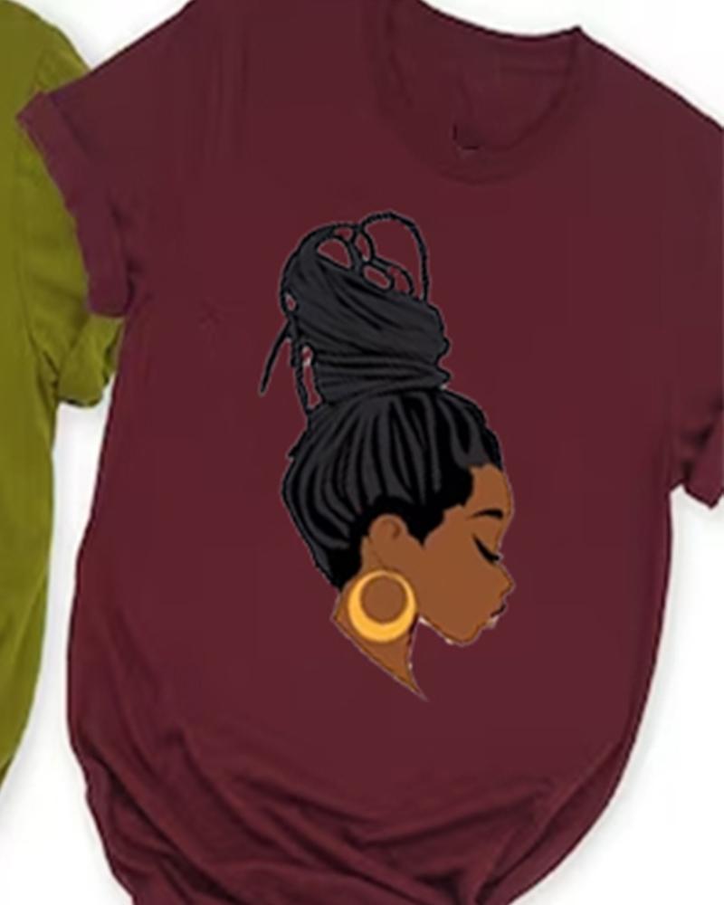 African women's head portrait high ponytail printed short sleeved T-shirt