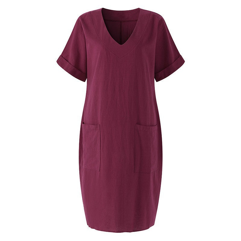 Short Sleeve V-neck A- line Dress