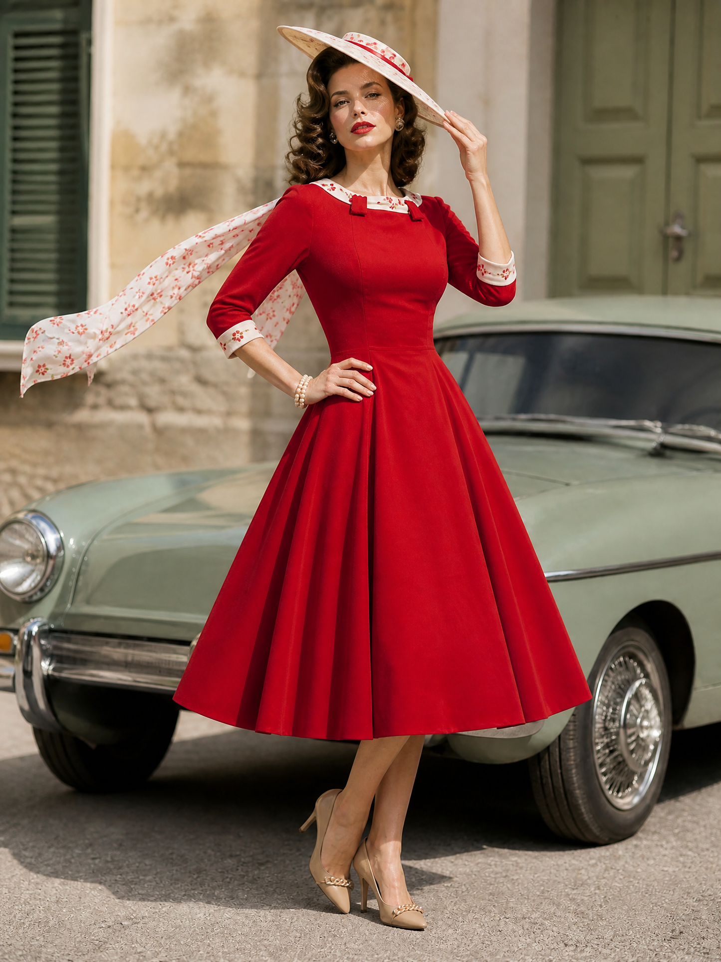 1950s Retro Red 3/4 Sleeve Fit-and-Flare Midi Dress
