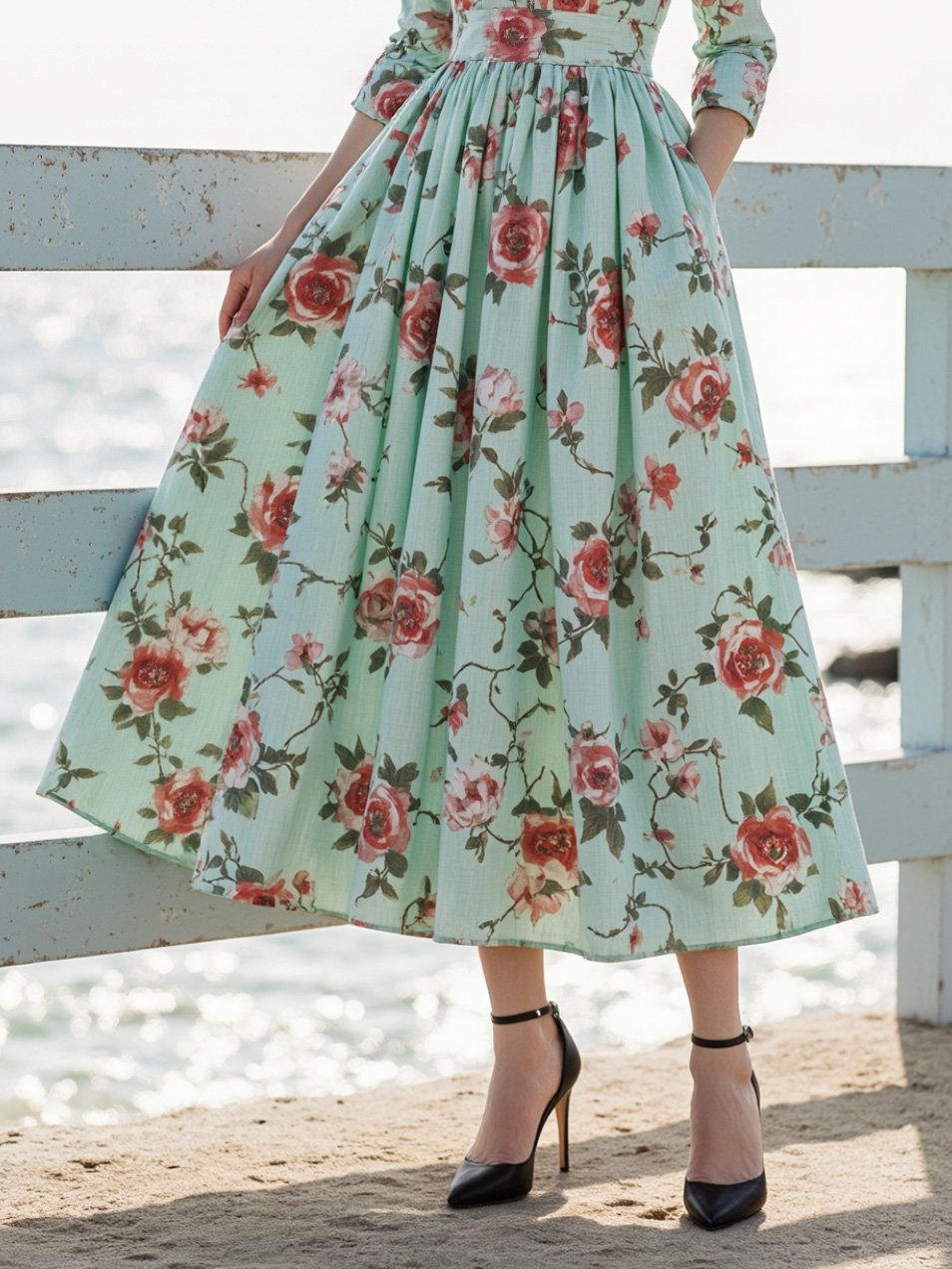 Midi Linen Dress, Half Sleeve, Shawl Collar, Floral, Button Design, Vintage, Green