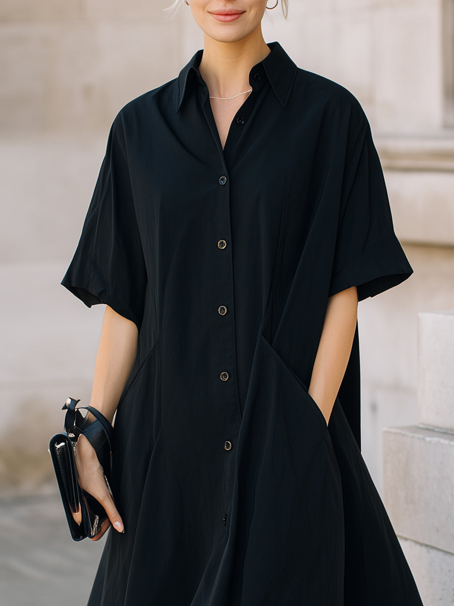 Button-Front Short Sleeve Midi Shirt Dress