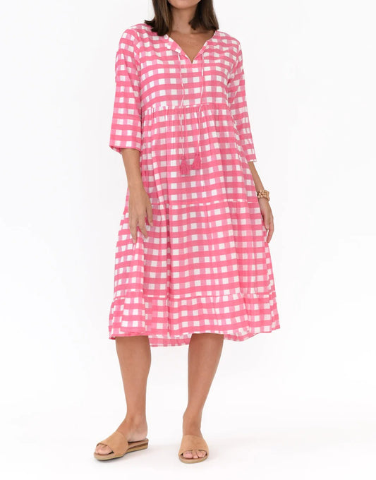 Pink Plaid Three-Quarter Sleeve Dress Deep V Loose Dress