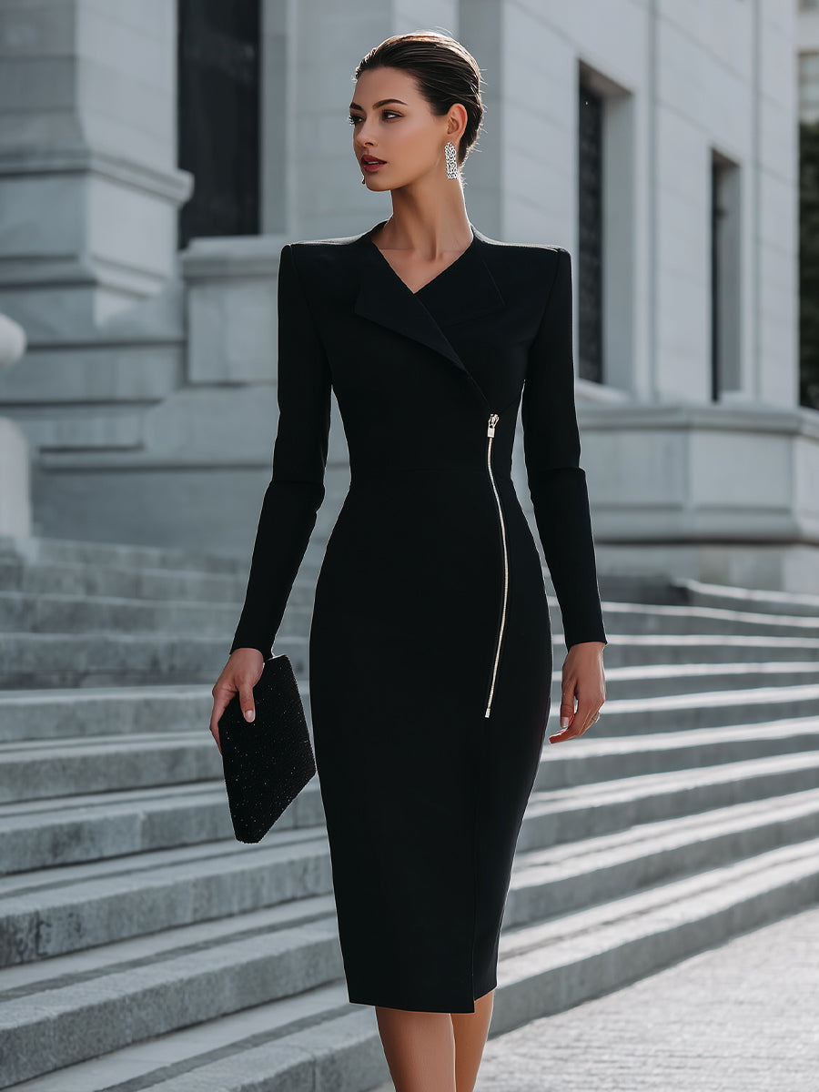 Asymmetric Zip-Detail Tailored Midi Dress