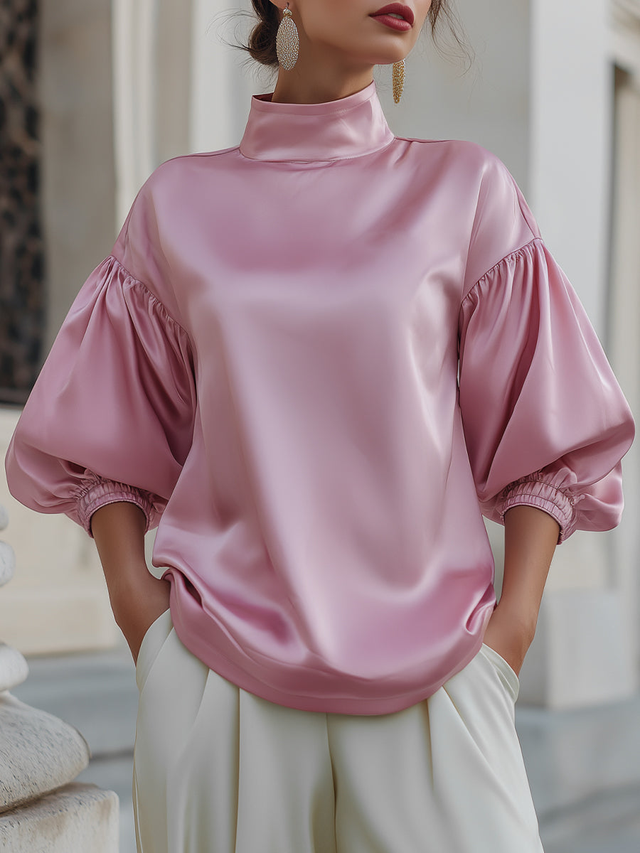 High-Neck Satin Blouse With Voluminous Sleeves