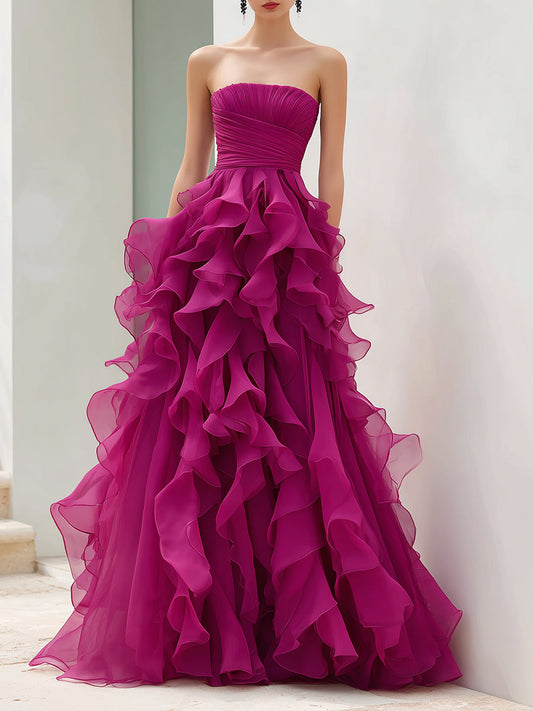 Strapless Magenta Ruffled Organza Ball Gown