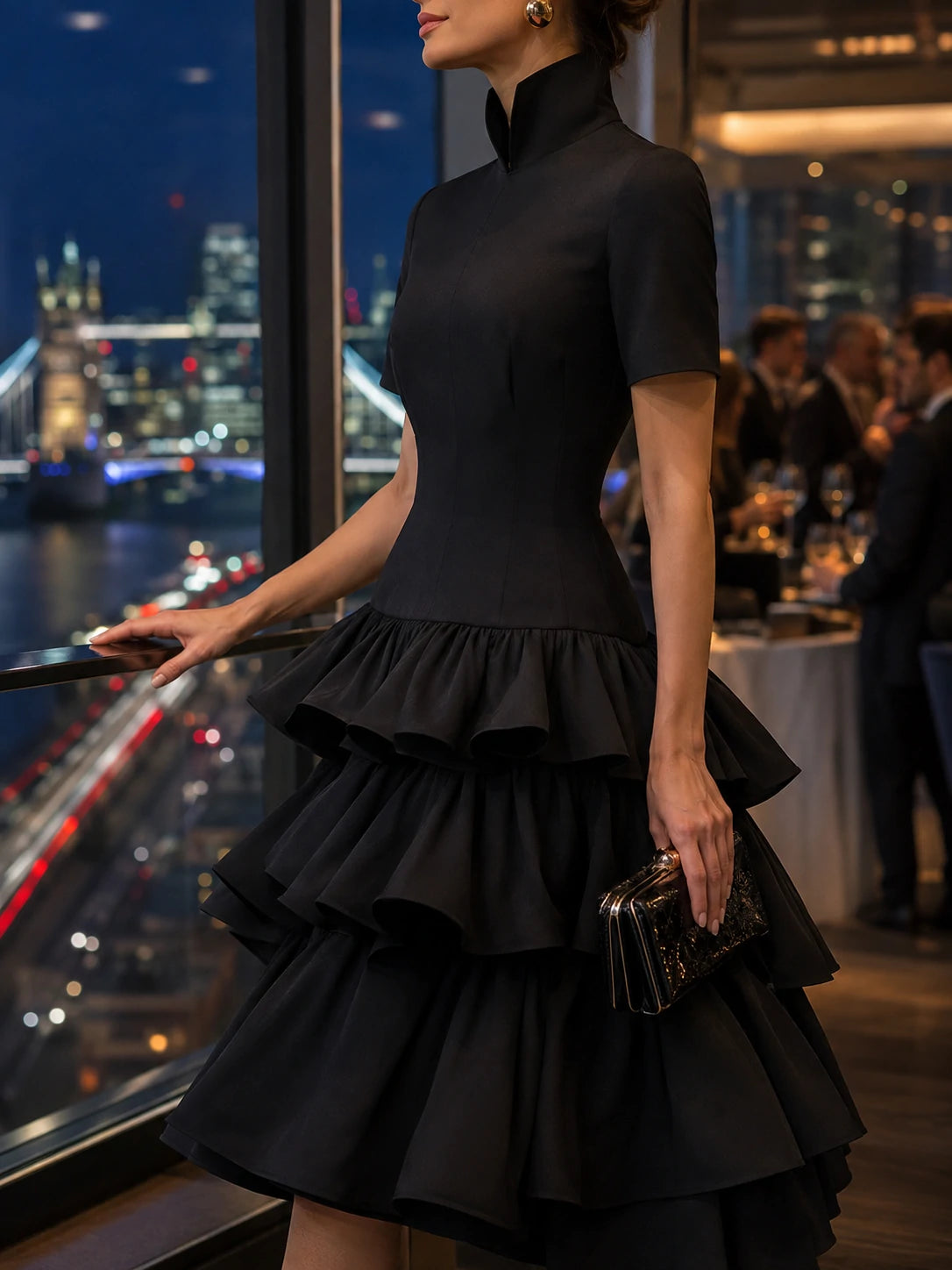 High Neck Tiered Ruffle Midi Dress