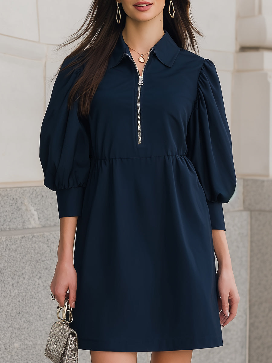 Navy Collared Half-Zip Puff-Sleeve Mini Dress