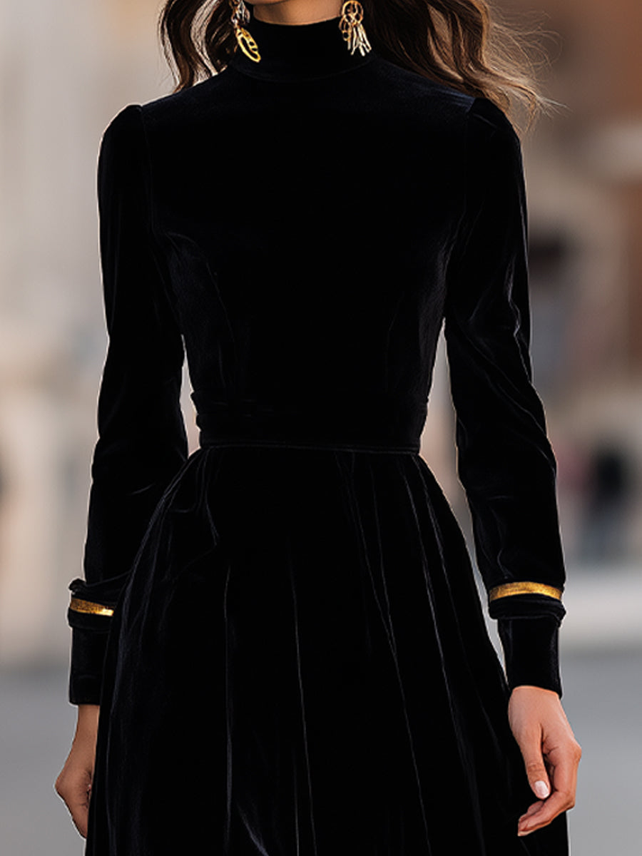 Elegant Velvet Midi Dress With Gold Trim