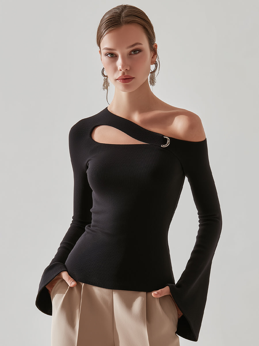 Black Asymmetric Cutout One-Shoulder Top