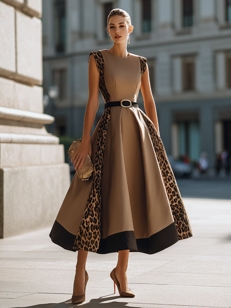 Leopard Panel Belted A-Line Maxi Dress