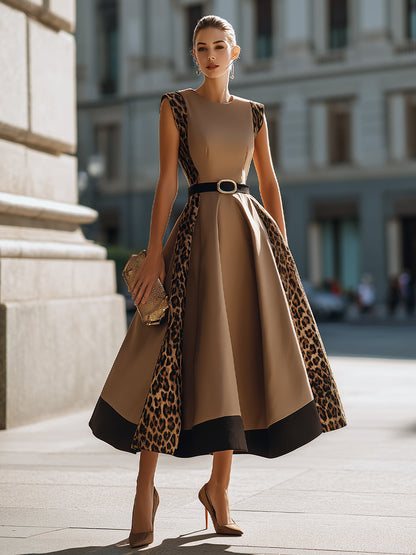 Leopard Panel Belted A-Line Maxi Dress