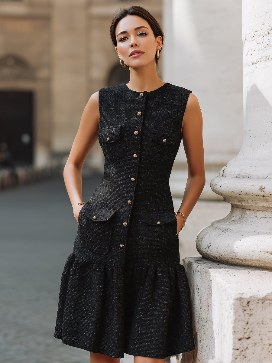 Elegant Tweed Button-Down Peplum Mini Dress