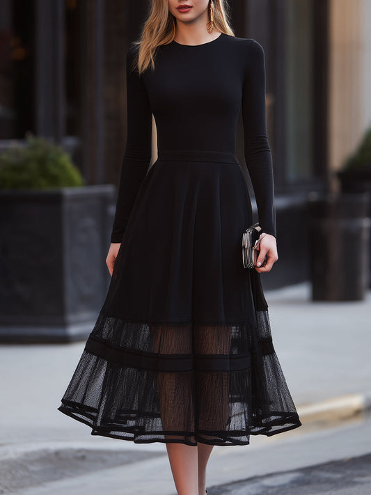 Long Sleeve Mesh Hem Midi Dress With Defined Waist