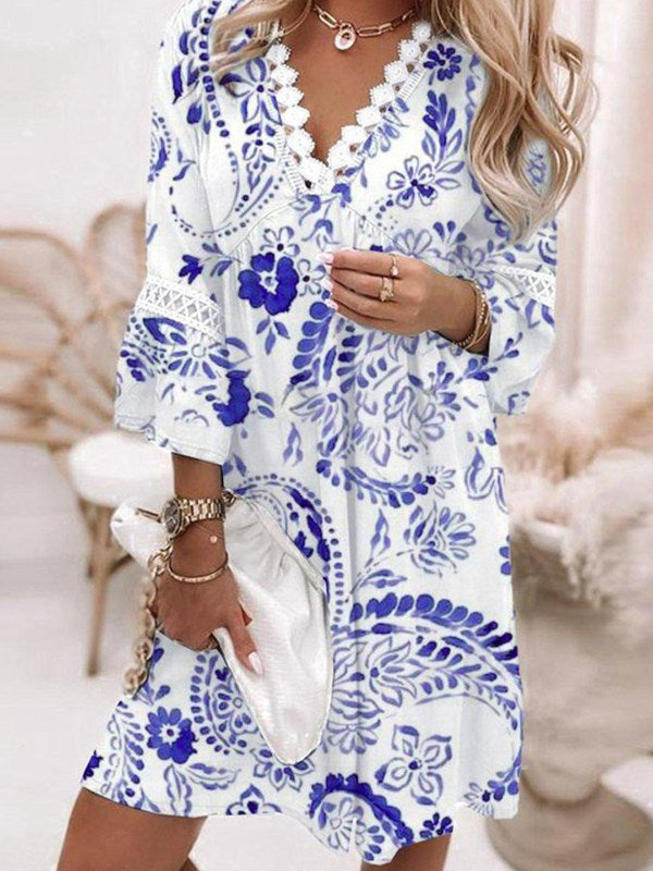 V-neck Printed Lace Stitching Bohemian Casual Boho Tunic Dress