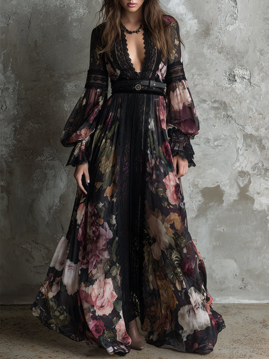Bohemian Holiday Chiffon Printed Lace Maxi Dress