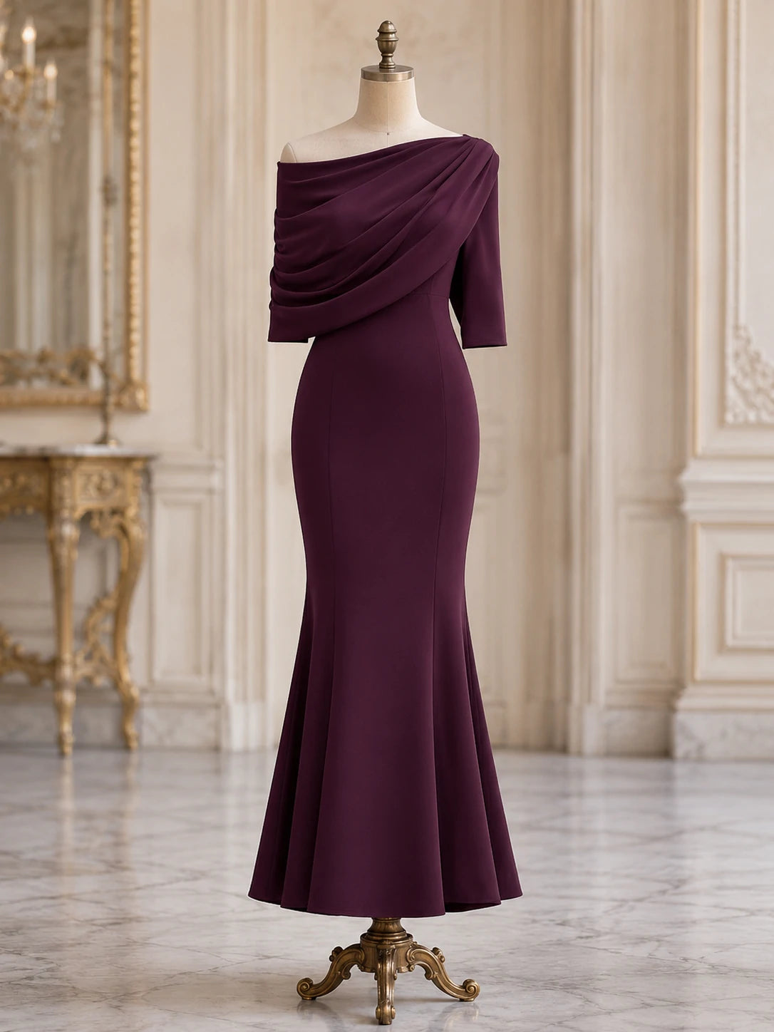 Burgundy Draped Asymmetric Off-Shoulder Mermaid Maxi Dress – Wedding Guest Formal Gown